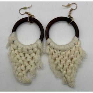 Handmade Macrame Natural Wood Tassel Cream Drop Earring Boho Dangle Jewelry Gift